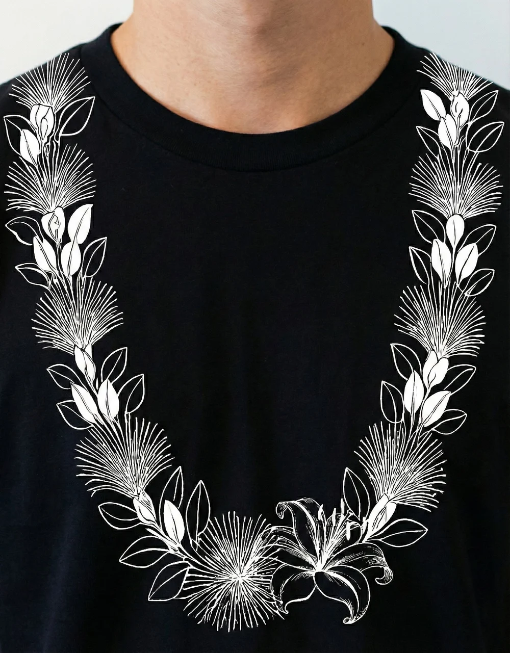 Early mockup of a black shirt with a white ʻōhiʻa lehua lei design.
